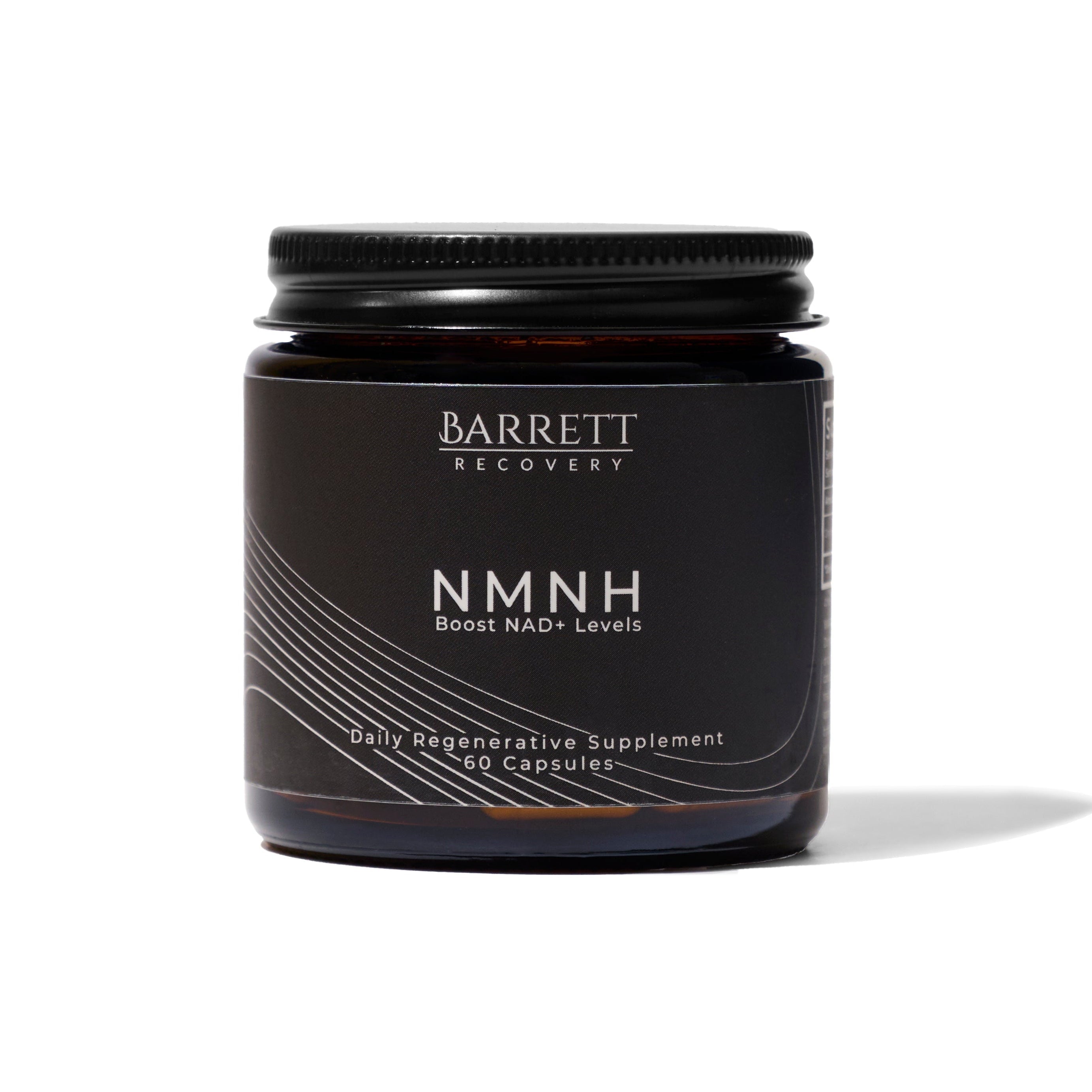 A jar of NMNH NAD+ Support supplement with a dark label on a white background.