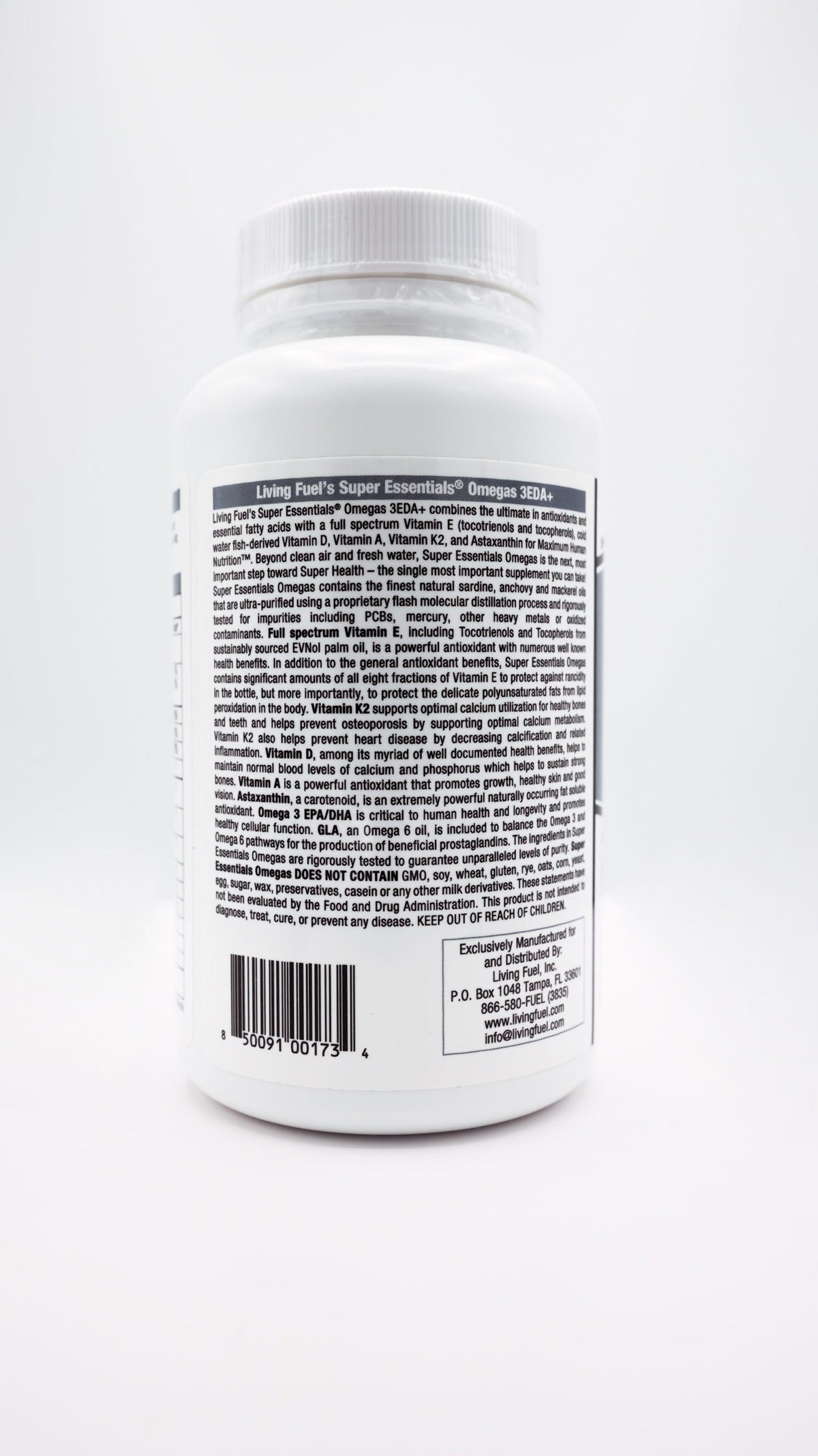 Living fuel super essentials Omegas 3EDA+ combines the ultimate antioxidants and essential fatty acids with a full spectrum Vitamin E cold water fish derived vitamin D, Vitamin A, Vitamin K2, and Astaxanthin for maximum human nutrition.