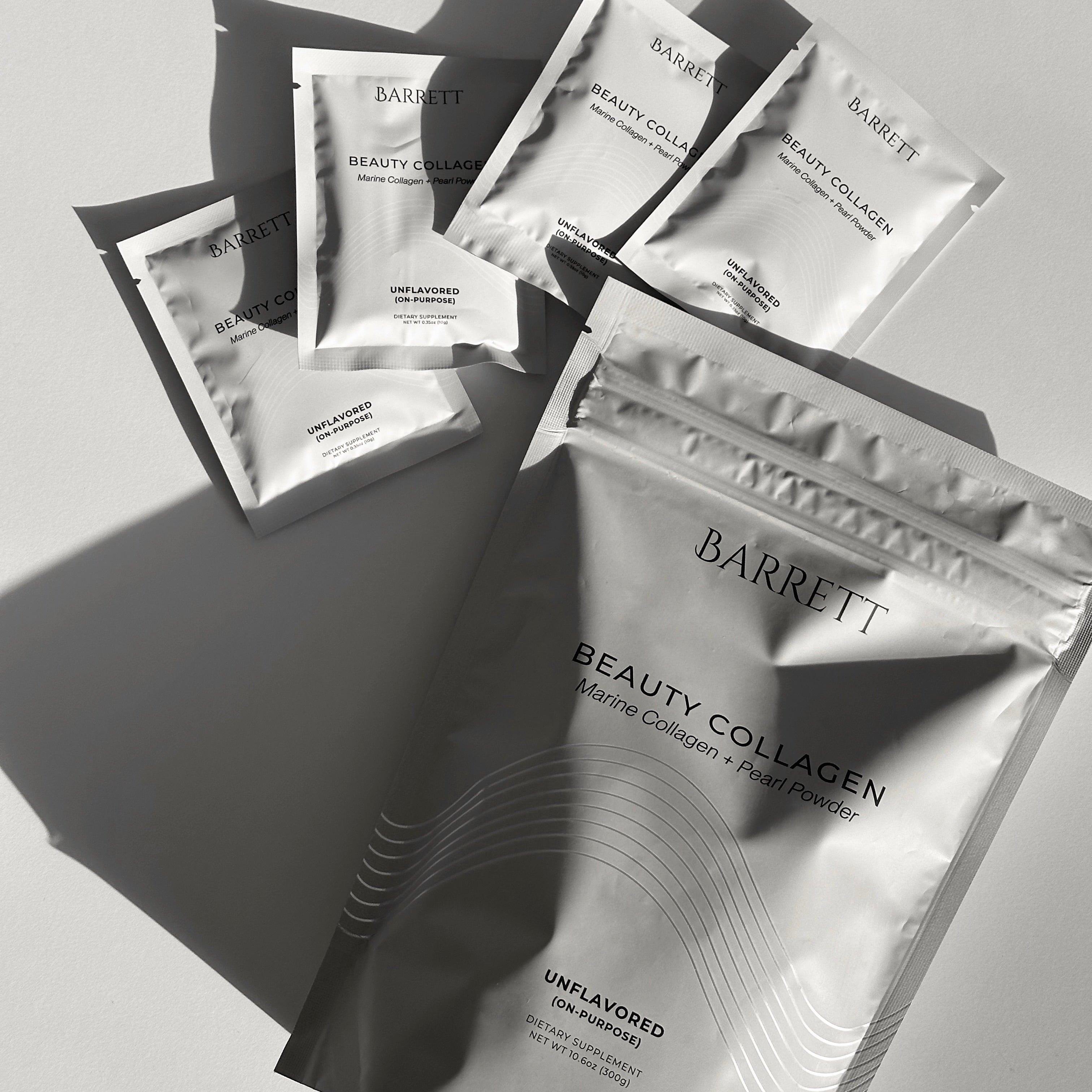 Barrett Beauty Collagen packages on a light gray background