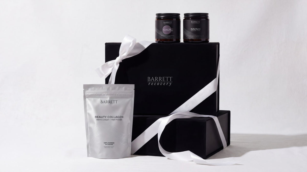 Barrett Recovery Gifts - Barrett Beauty Collagen, NMNH, CALMg, with two black gift boxes.