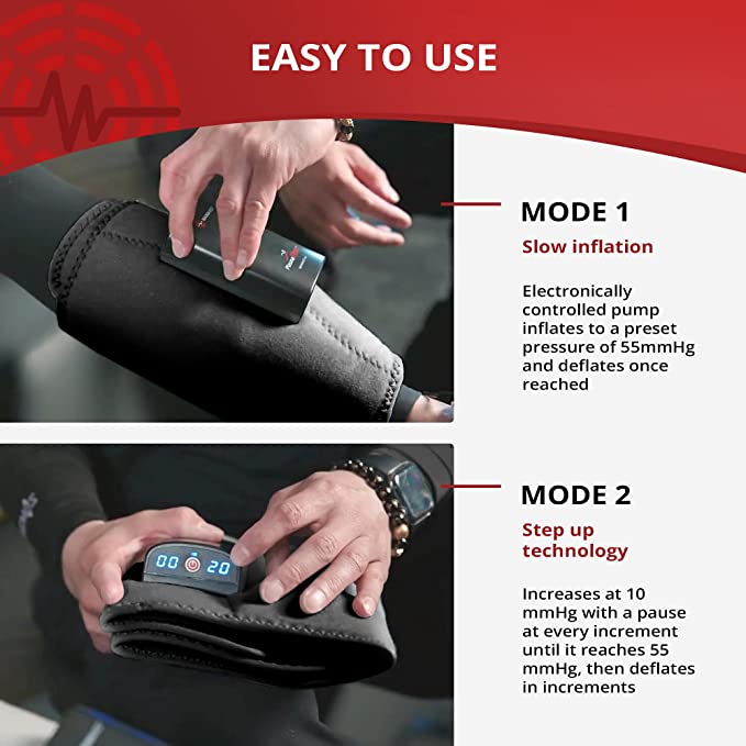 Easy to use - mode one slow inflation and mode 2 step up technology Massages calfs
