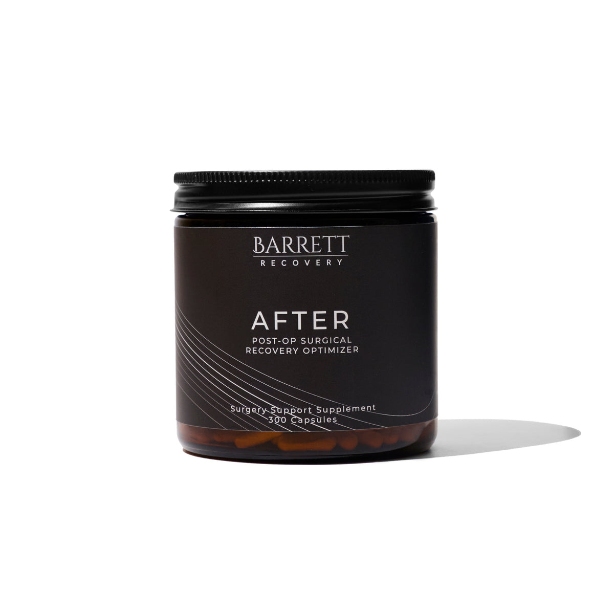 A black bottle with the label 'BARRETT RECOVERY AFTER' indicating it is a post-operative surgical recovery supplement.