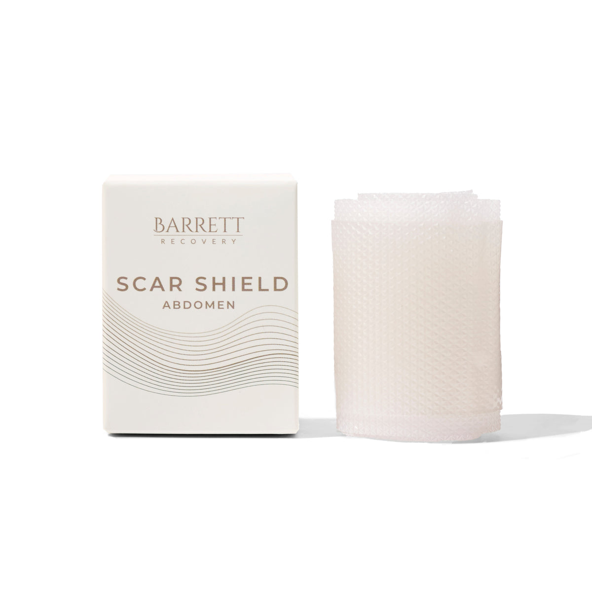 A scar shield product for the abdomen by Barrett, packaged in a box with the product name and brand visible.