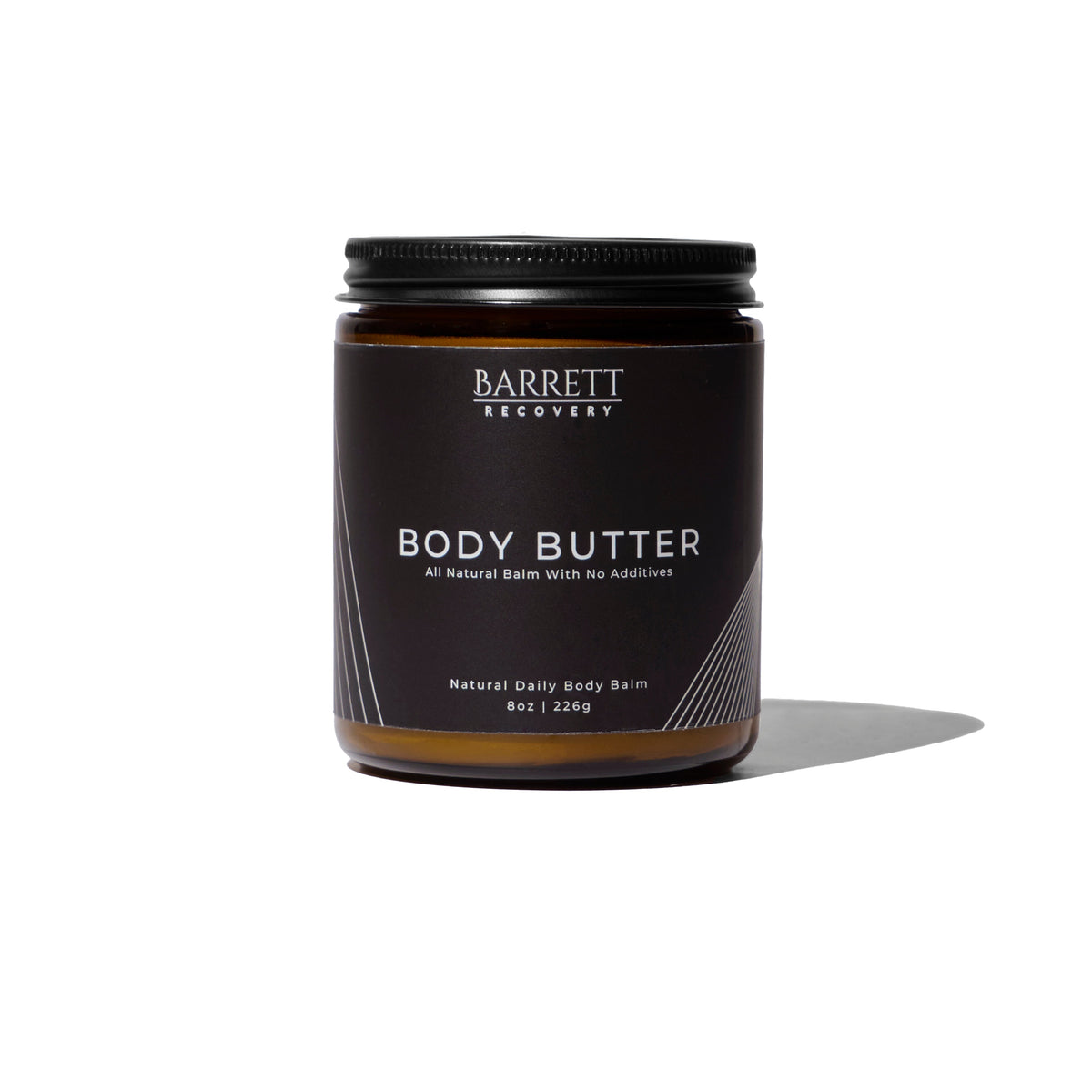 A jar of Barrett Recovery beef tallow body butter with a black label on a white background.