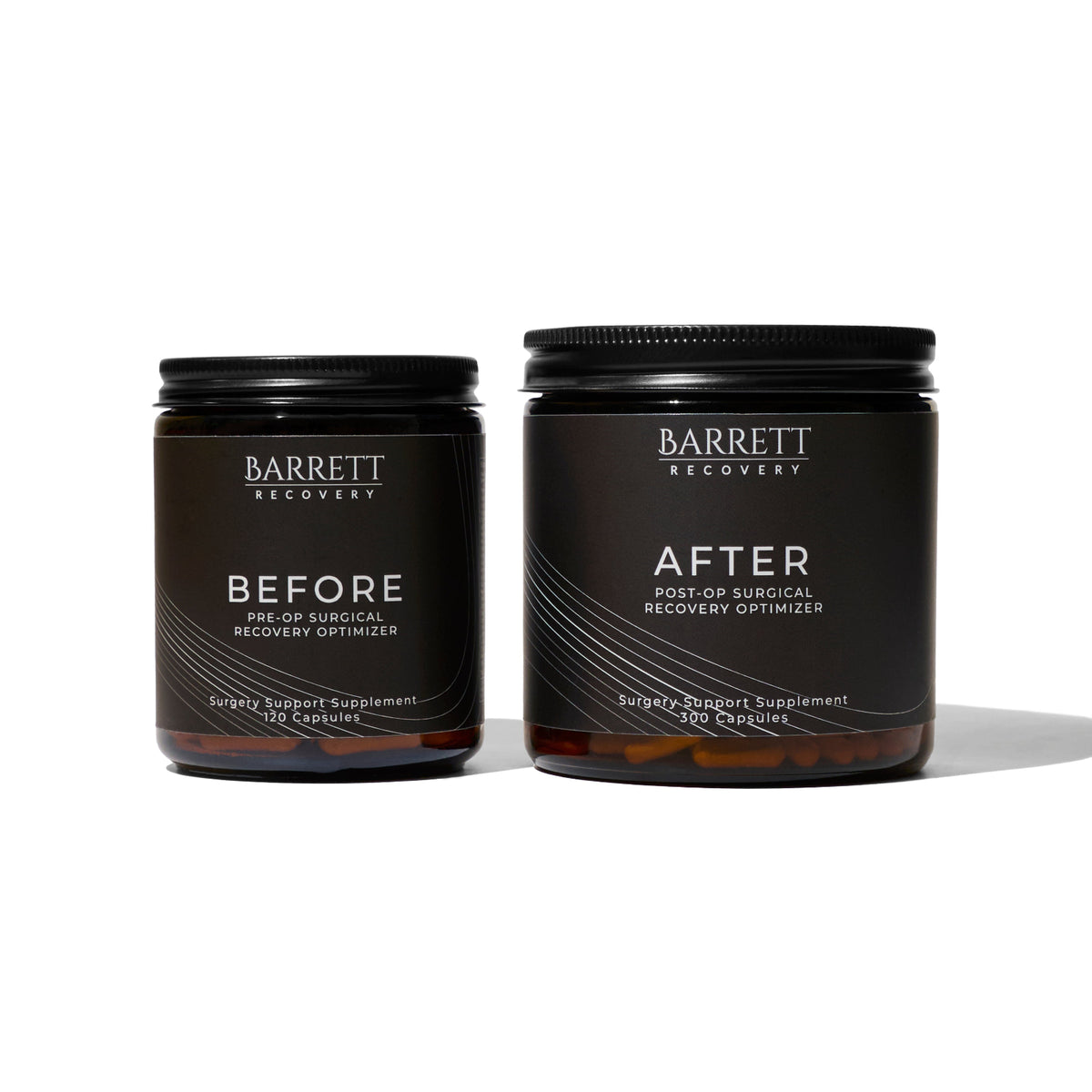 Two black jars with clear labels, one labeled 'BEFORE' and the other 'AFTER', both with the Barrett Recovery brand logo. Designed to optimize healing and recovery after surgery