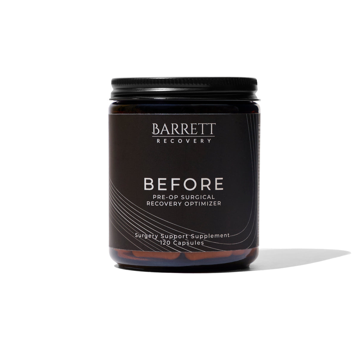 A bottle of BEFORE Pre-Op Surgical Recovery Optimizer supplements with black labeling and a clear cap.