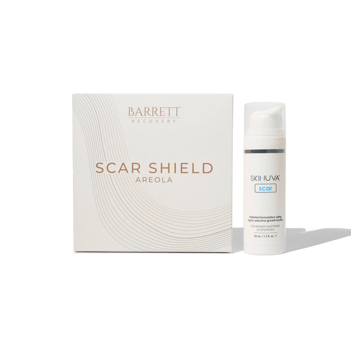 A product image featuring Scar Shield Areola packaging and Skinuva Scar Gel bottle, both with a clean, white design.