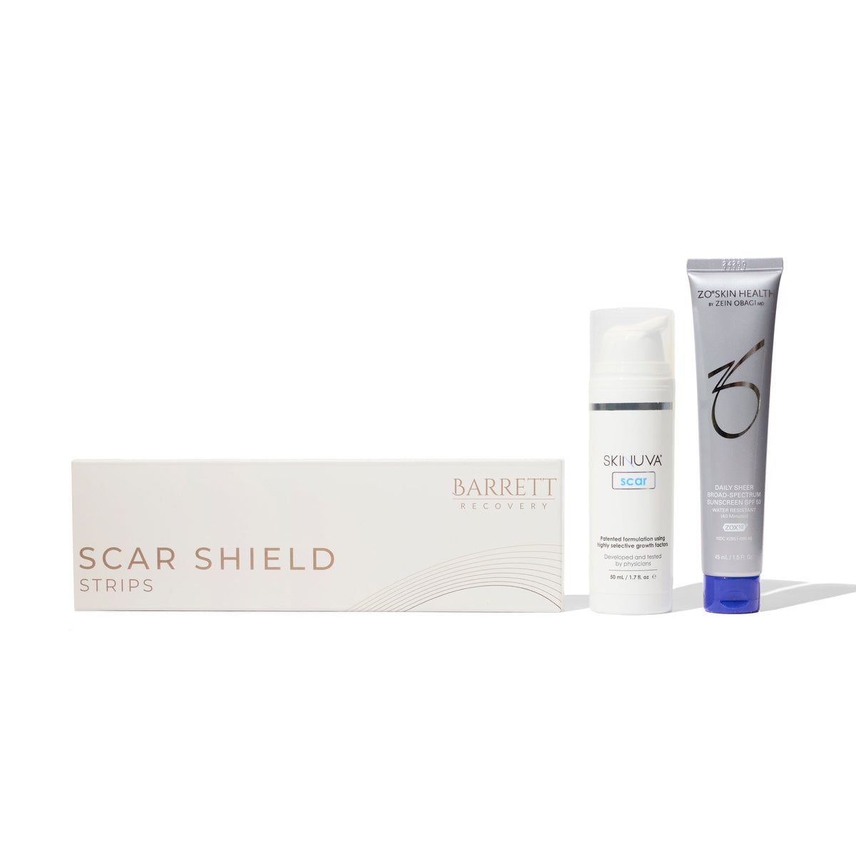 A collection of products for scar management, including a box labeled 'SCAR SHIELD Strips', a tube of 'Barrett Recovery Scar Gel', and a bottle of 'Scar Shield Gel'.