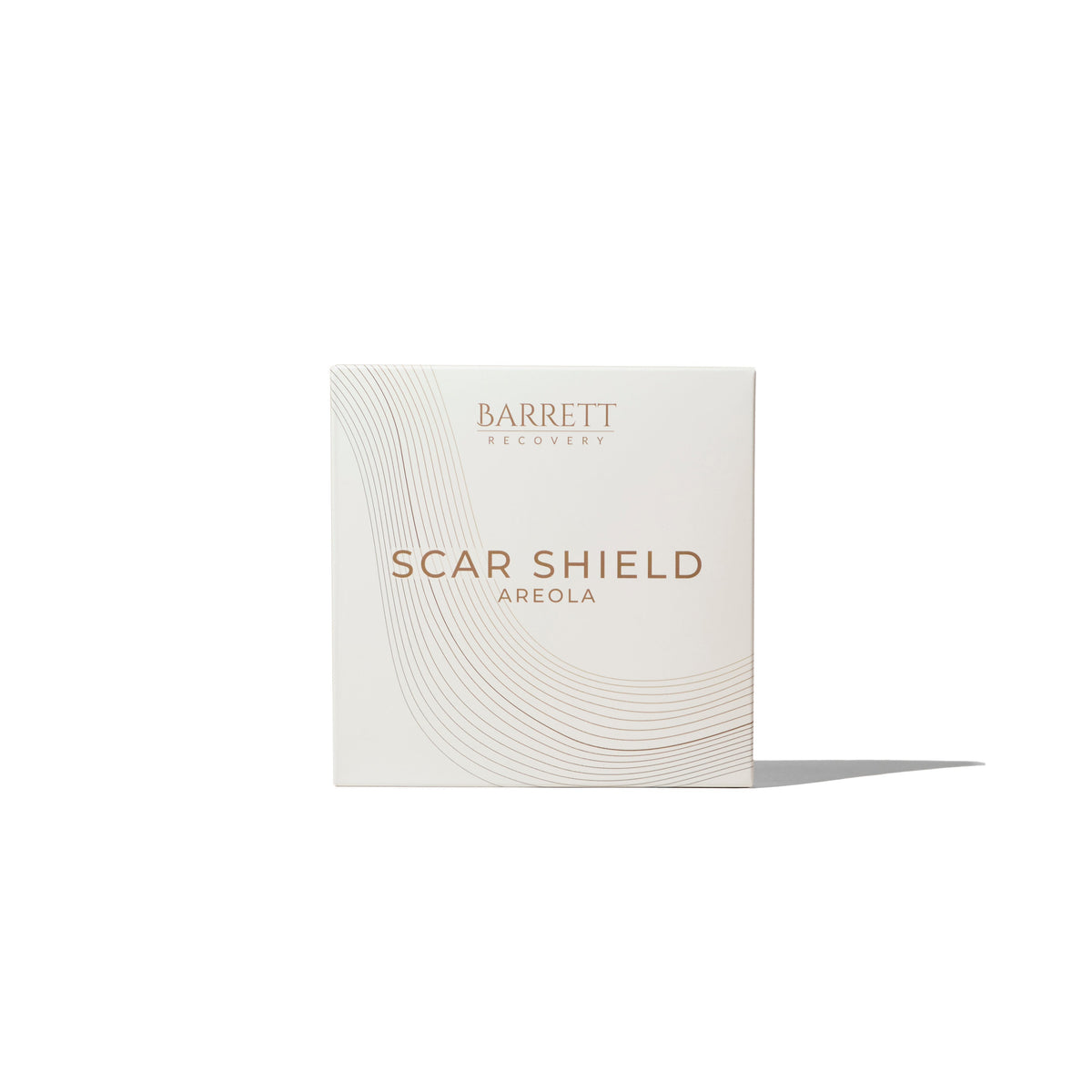 A packaged product labeled 'BARRETT SCAR SHIELD AREOLA' designed for post-breast procedure care.