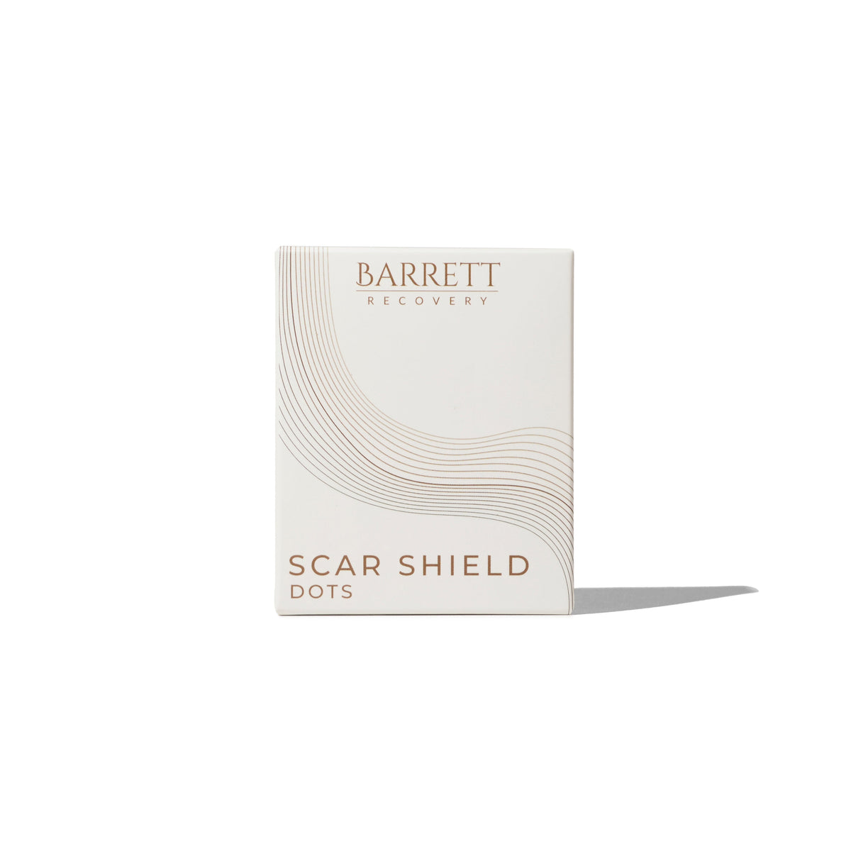A box of Barrett Recovery Scar Shield Liposuction scar Dots, with a minimalist design featuring lines and the product name on the front.