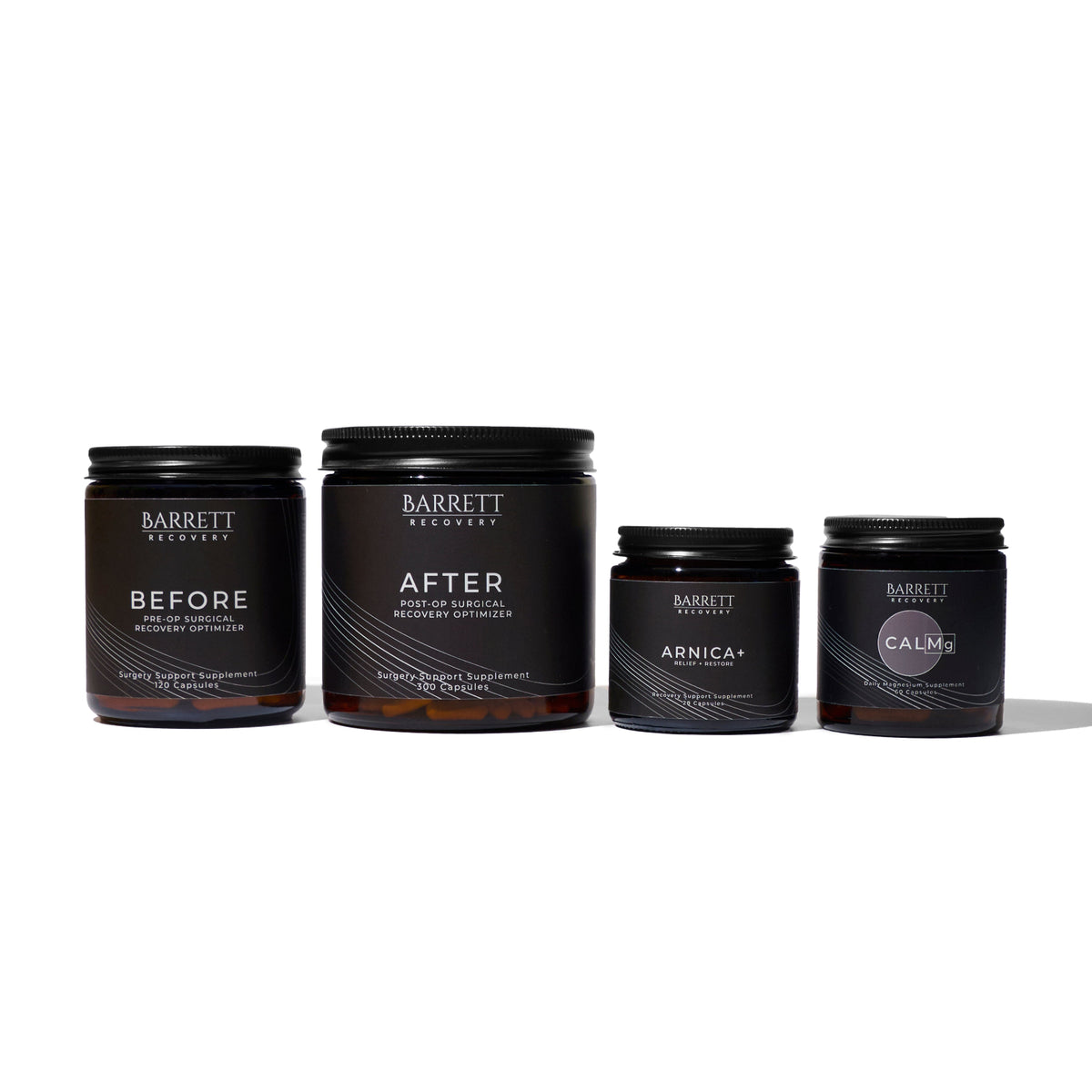 Four supplement jars labeled 'BEFORE', 'AFTER', 'CALMg', and 'ARNICA+' as part of a surgery recovery supplement bundle.