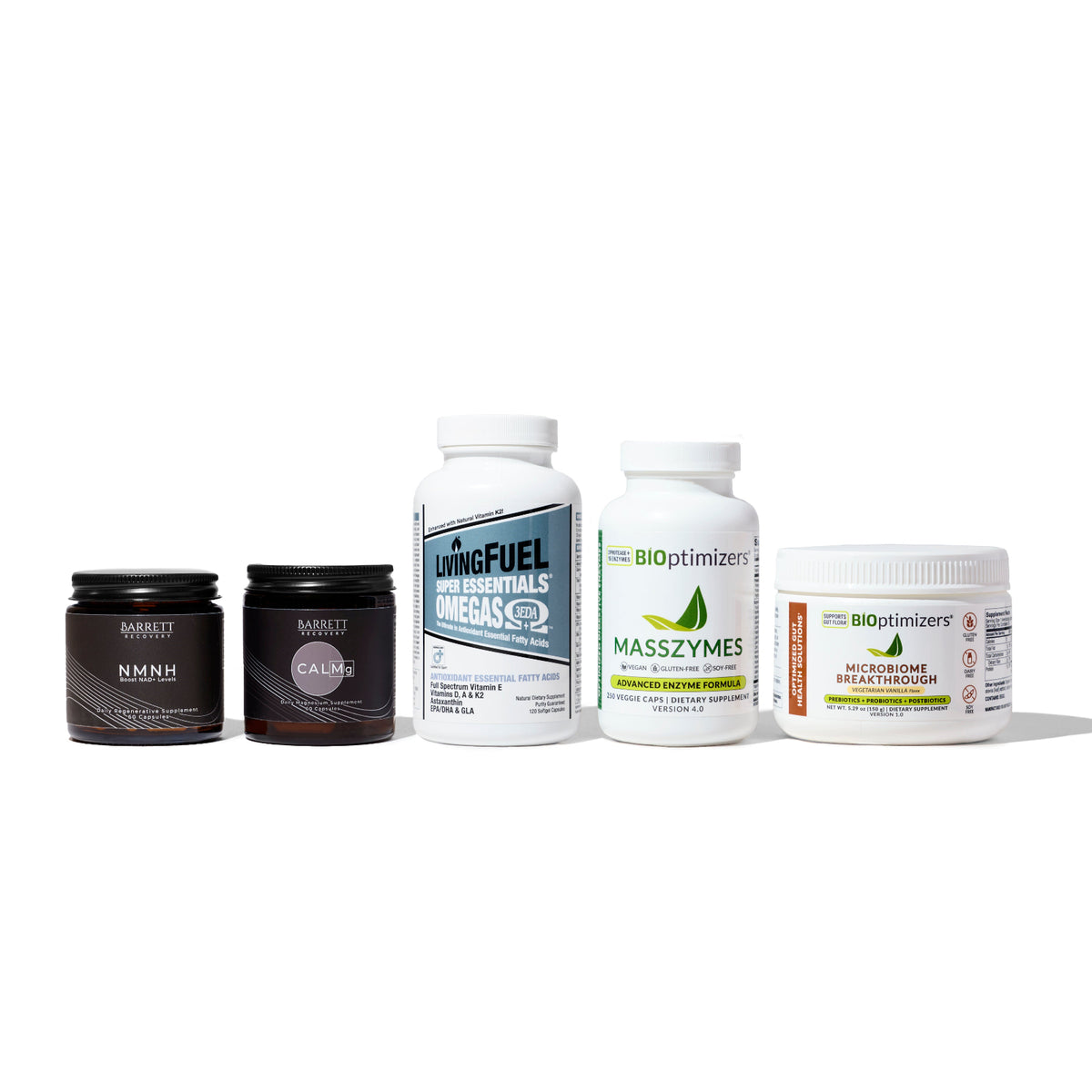 A collection of six supplement bottles and containers, labeled with different product names, arranged in a row against a white background. Designed and formulated for optimal wellness