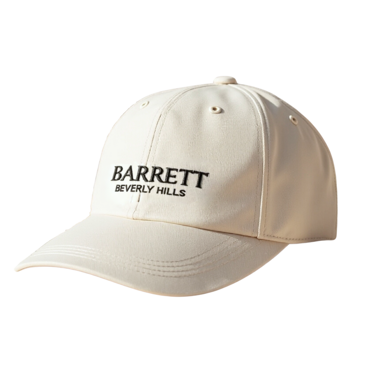 Beige cap with 'Barrett Beverly Hills' logo on a white background