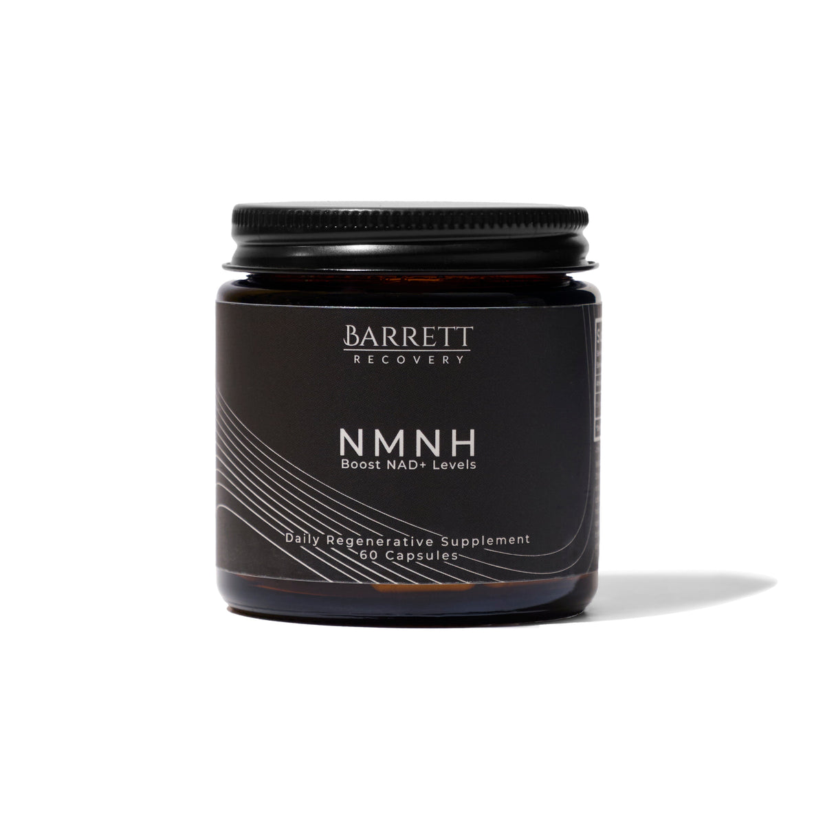 NMNH Black jar with 'Barrett Recovery' label on a white background