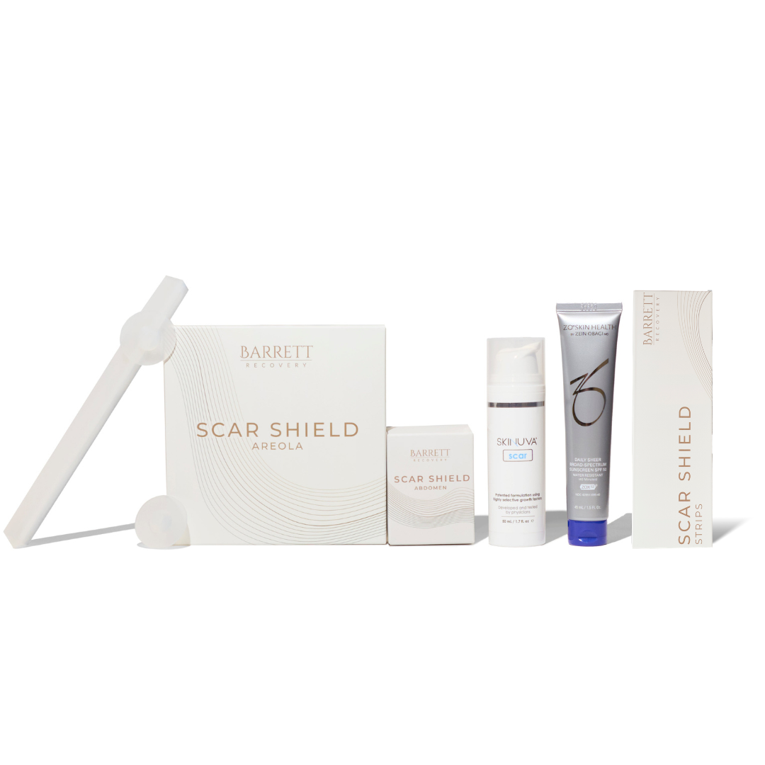 Barrett Scar Shield products on a white background for mommy makeover recovery