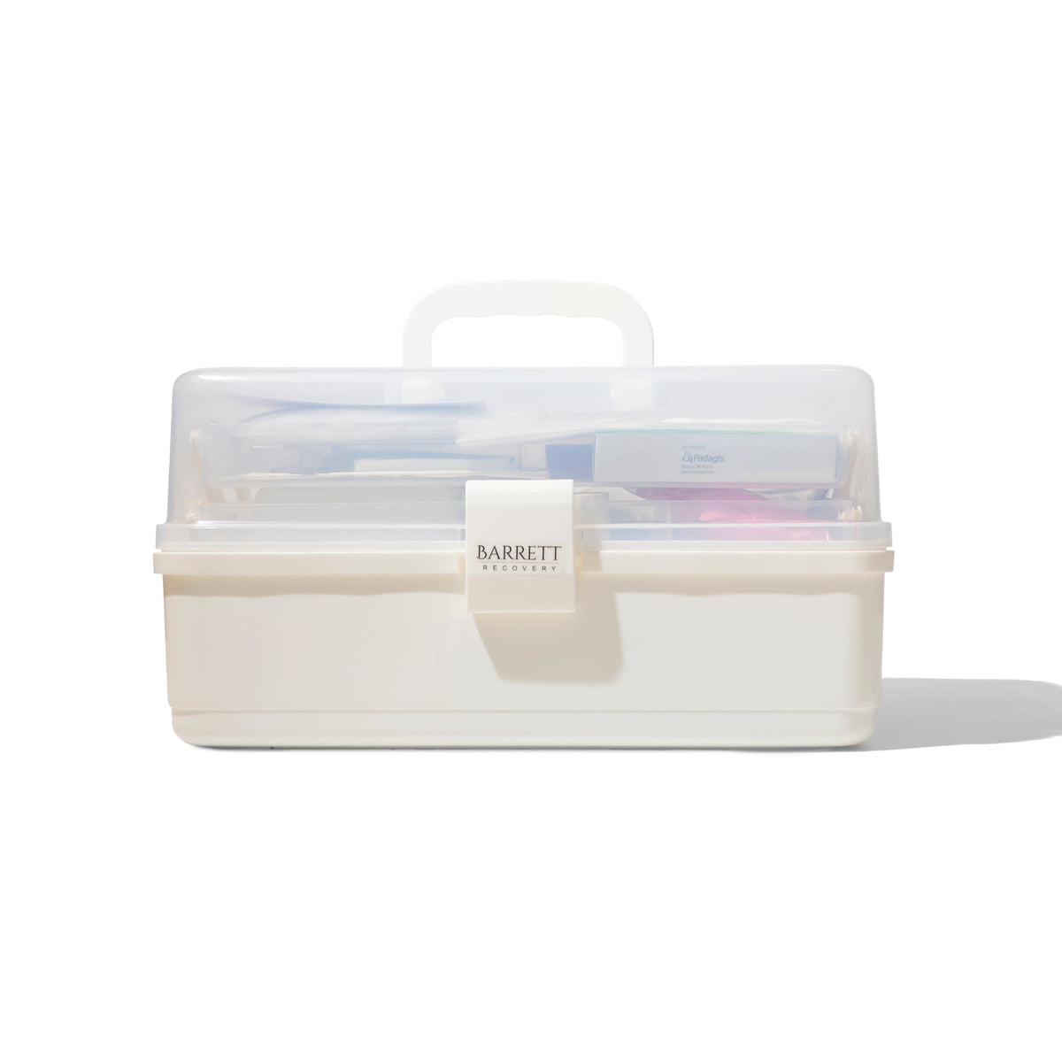 A plastic surgery recovery kit by Barrett, containing various items needed for post-surgical recovery.
