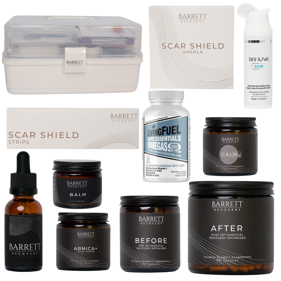 Breast Augmentation Recovery Kit with Scar Shield Products, skinuva, Barrett Recovery products and Fish Oil. First Aid Kit included