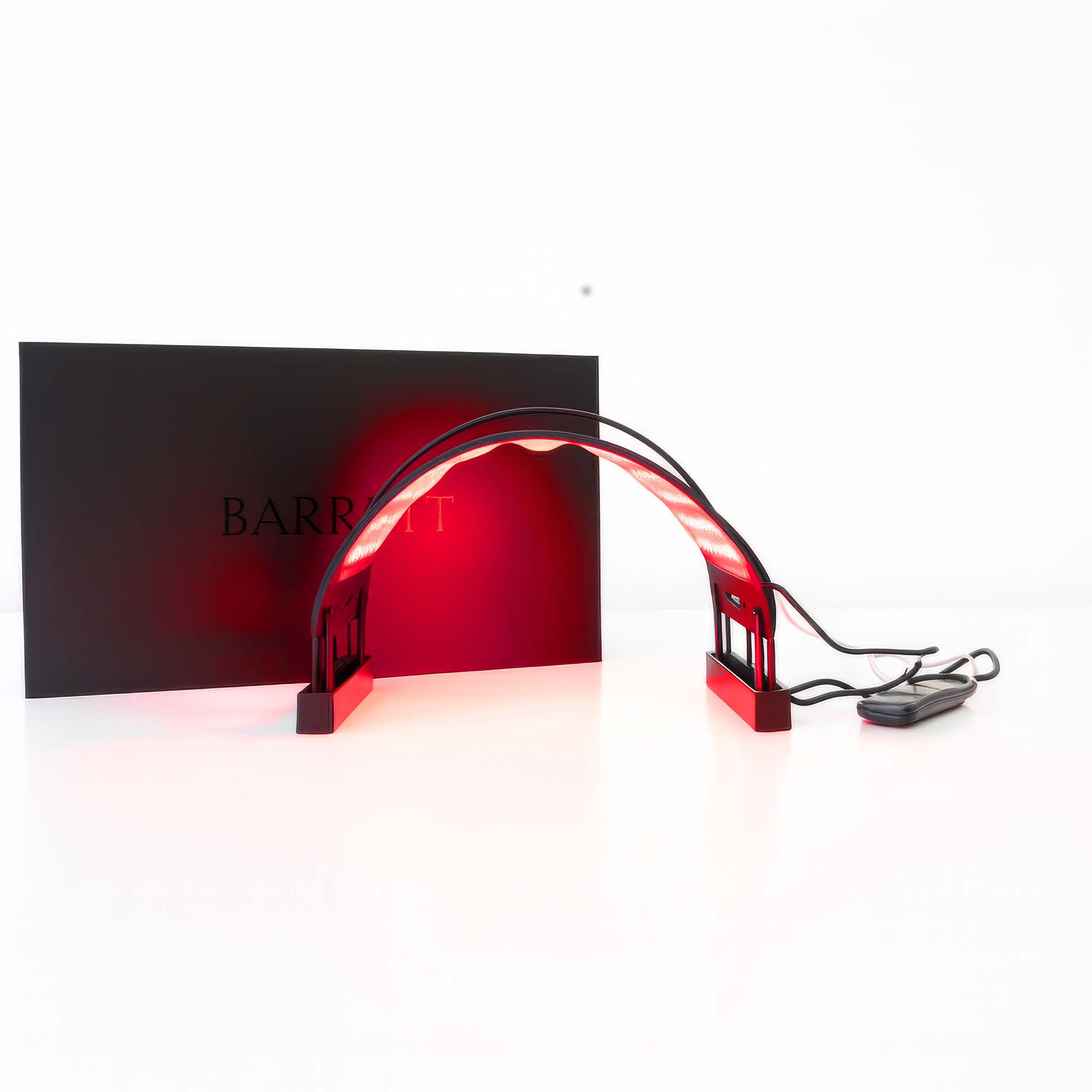 Red LED light bar with 'Barrett' branding on a white background