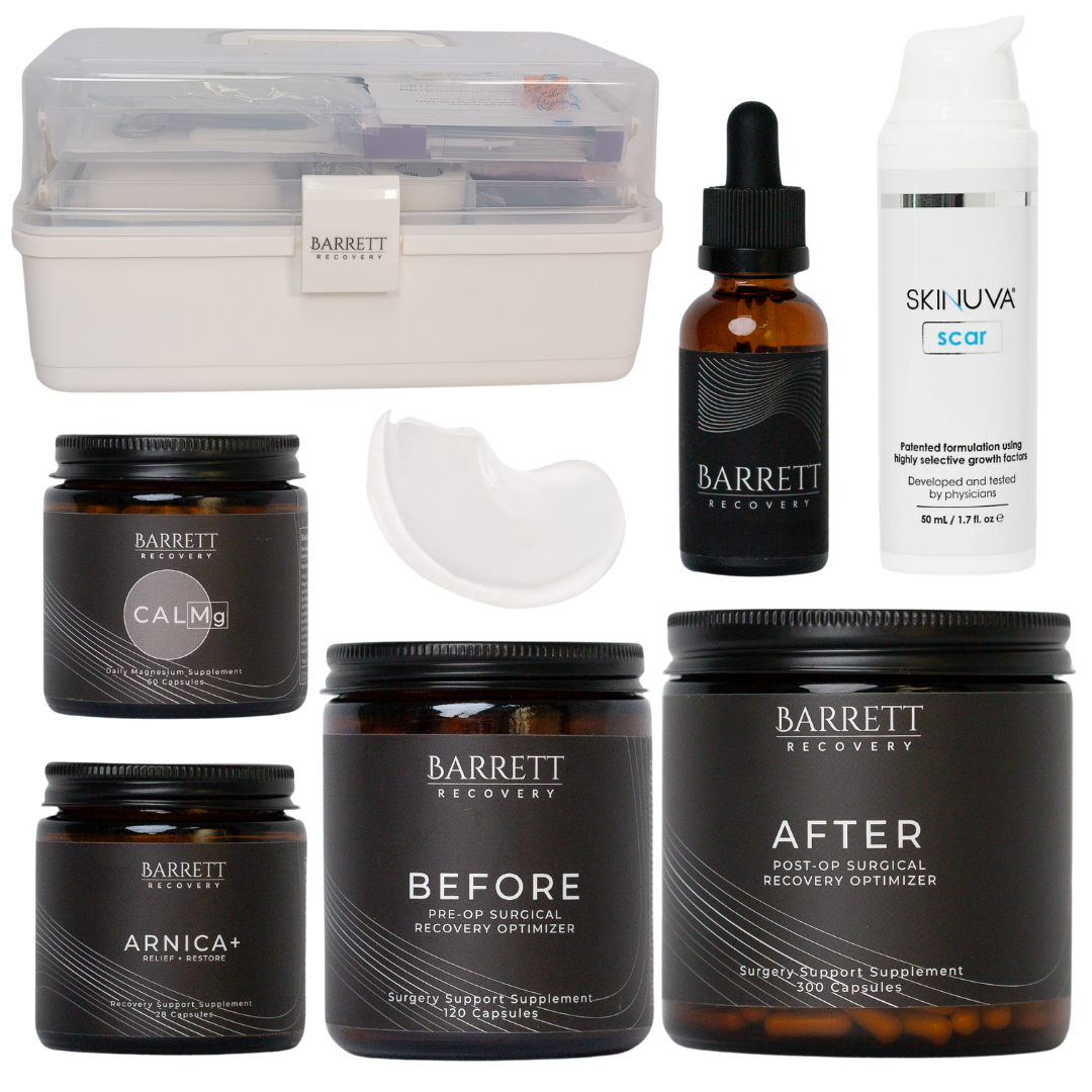 Essential Surgery Recovery Kit by barrett Recovery with BEFORE, AFTER, ARNICA+, CALMg, Natural Relief Oil, and Skinuva scar ge. First Aid kit included. 