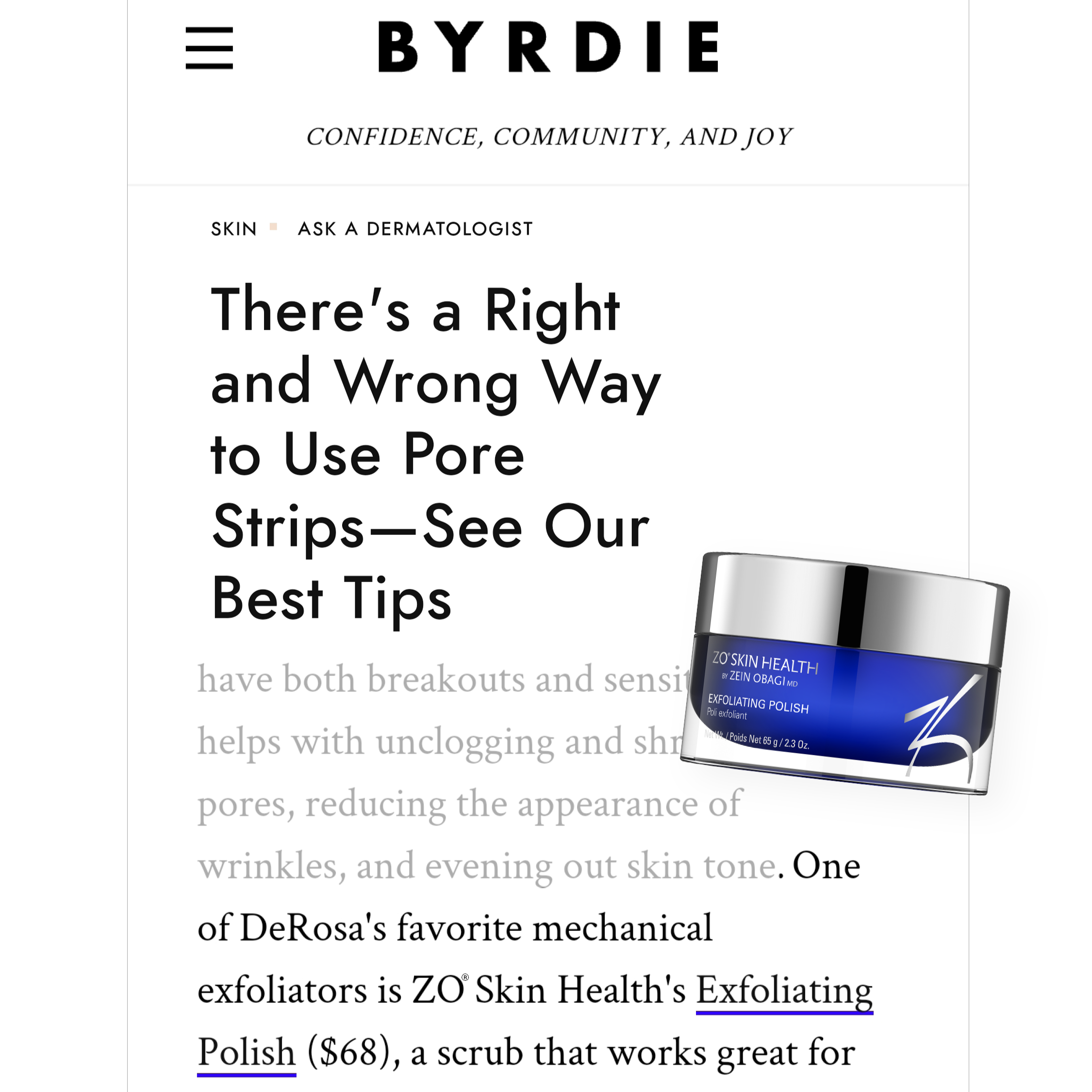 Exfoliating polish by ZO Skin Health featured in BYRDIE Magazine.