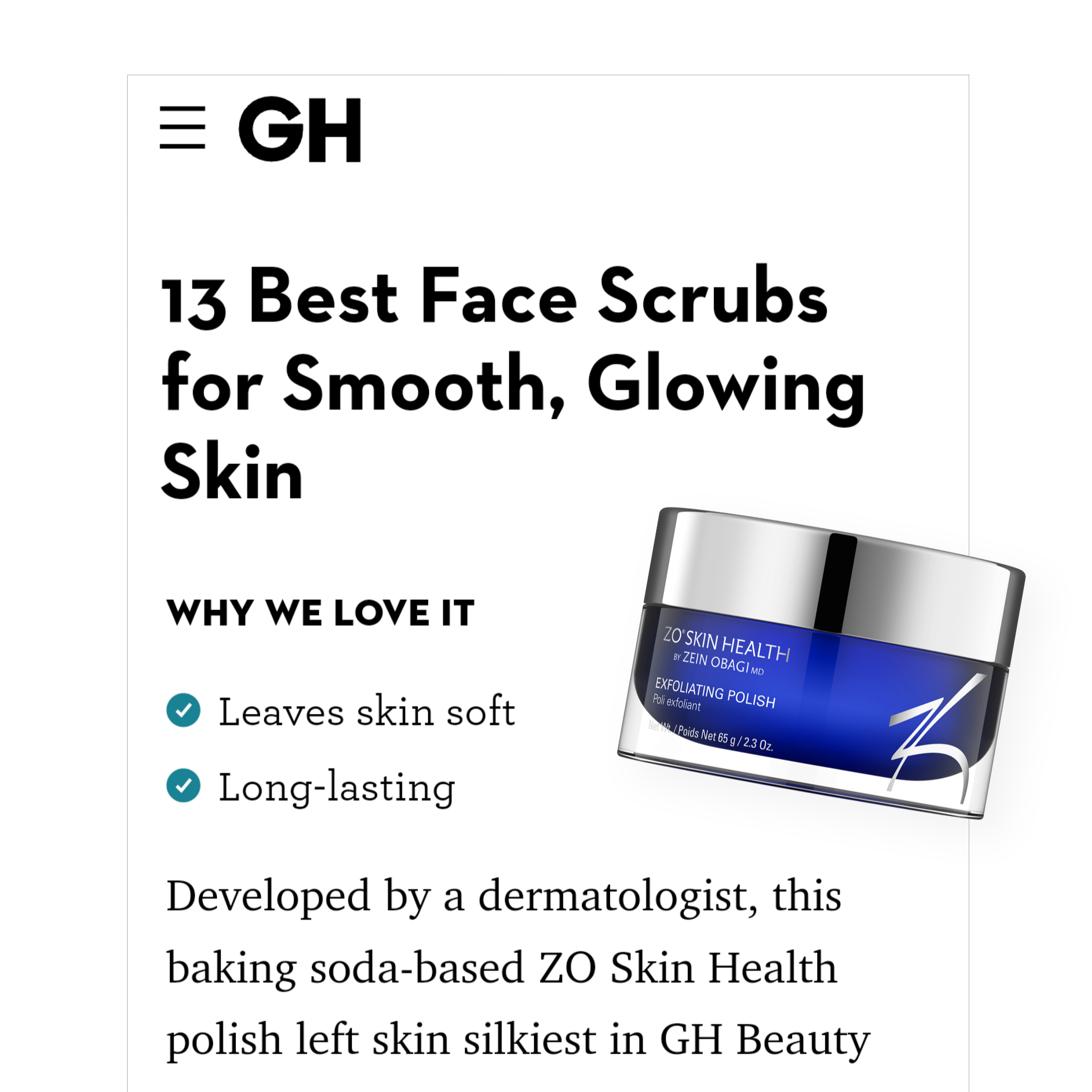 Exfoliating polish by ZO Skin Health featured in GH Article.