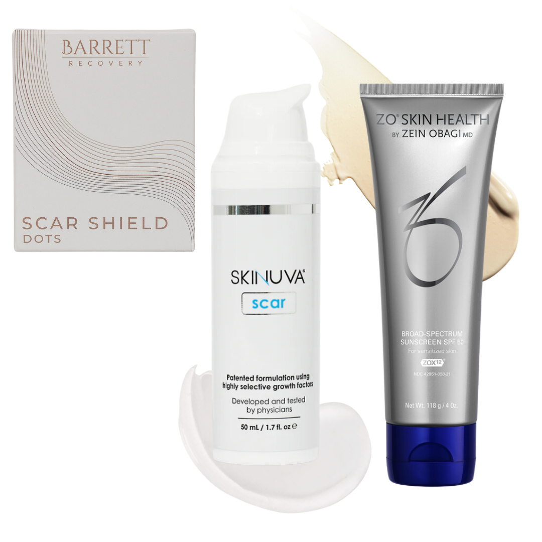 Liposuction scar management bundle includes Scar Shield Dots, Skinuva Scar Cream 50mL, and broad spectrum sunscreen SPF 50 by Z.O. Skin Health