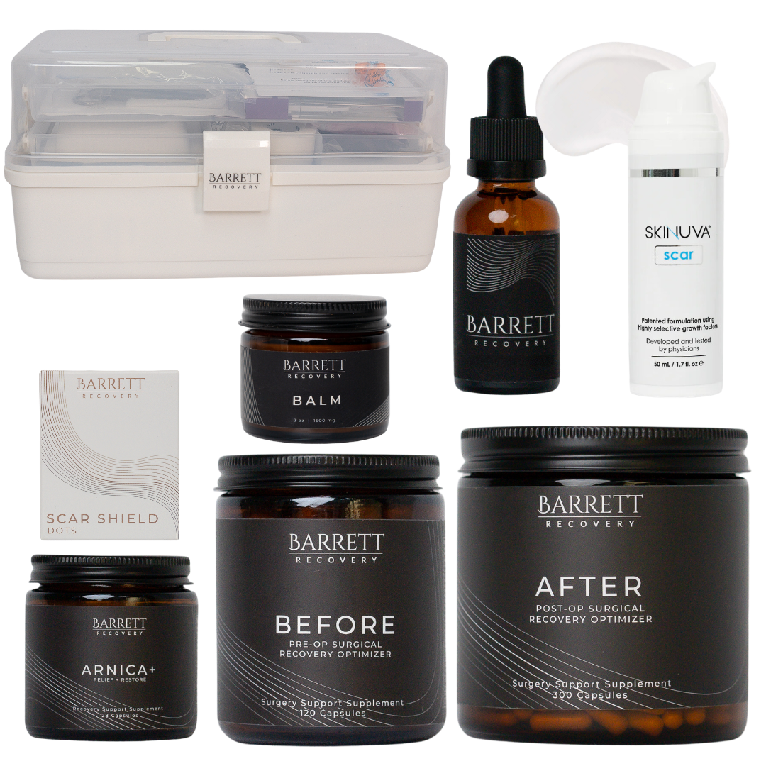 Liposuction recovery kit, including first aid surgery kit, Natural relief oil, natural relief balm, skinuva scar cream, scar shield dots, Before, After, and Arnica+ from Barrett Recovery