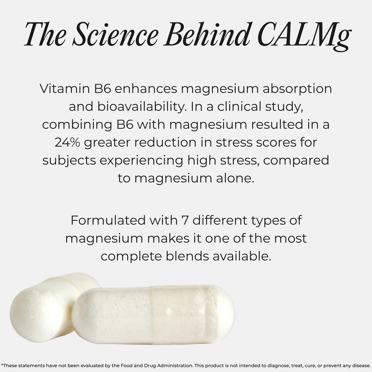 Capsules with text about Vitamin B6 enhancing magnesium absorption and bioavailability.