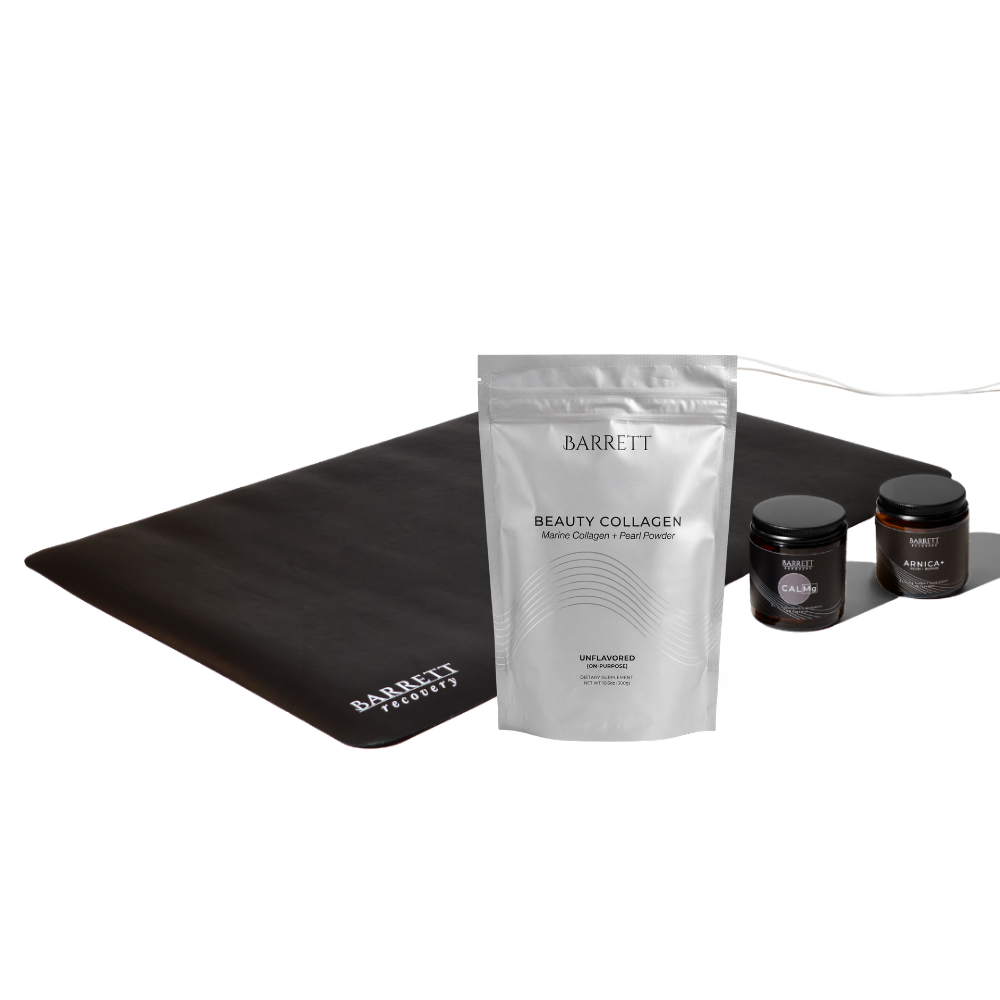 Barrett Beauty collagen powder package with two jars on a grounding mat. Fitness bundle