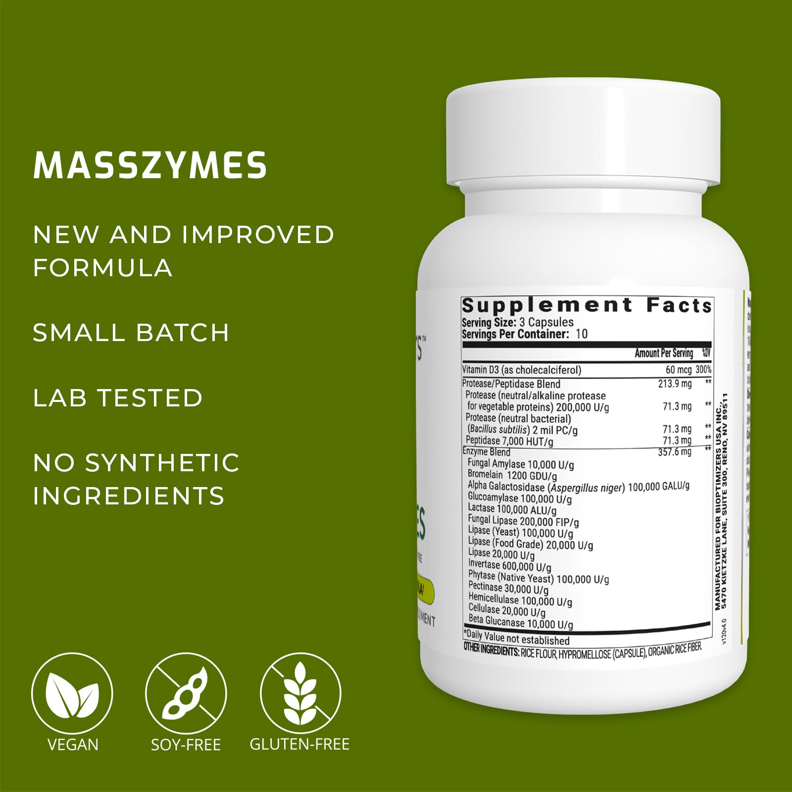 Bioptimizers Masszymes Advanced Enzyme Formula - New and improved formula small batch lab tested no synthetic ingredients