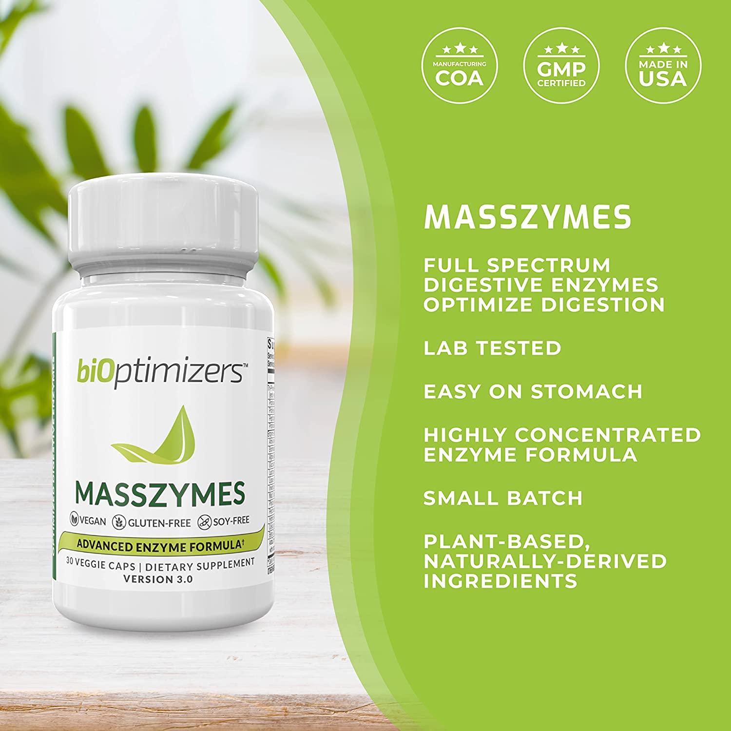 Masszymes Full spectrum digestive enzymes and optimize digestion, lab tested, easy on stomach, highly concentrated enzyme formula, small batch, plant based naturally derived ingredient.