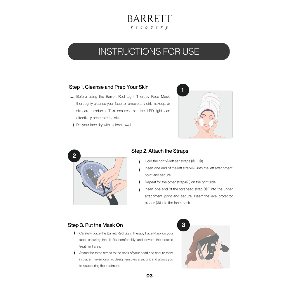 Barrett Recovery instructions on how to use red light face mask