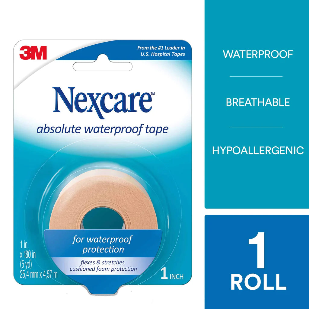 Nexcare tape absolute waterproof tape with waterproof protection flexes and stretches from cushioned position. Hypoallergenic and breathable 1 roll 